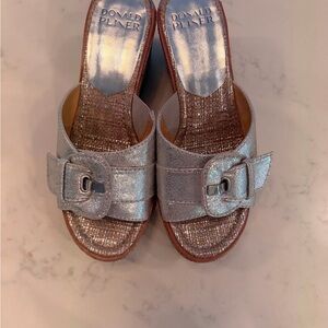 Donald J. Pliner Metallic Silver Buckle Slide Mules